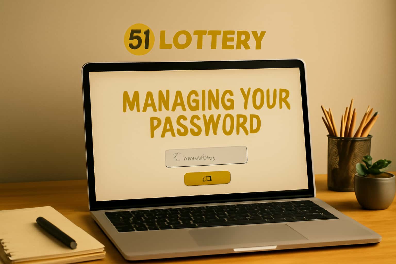 An educational scene illustrating password management for 51 Lottery.